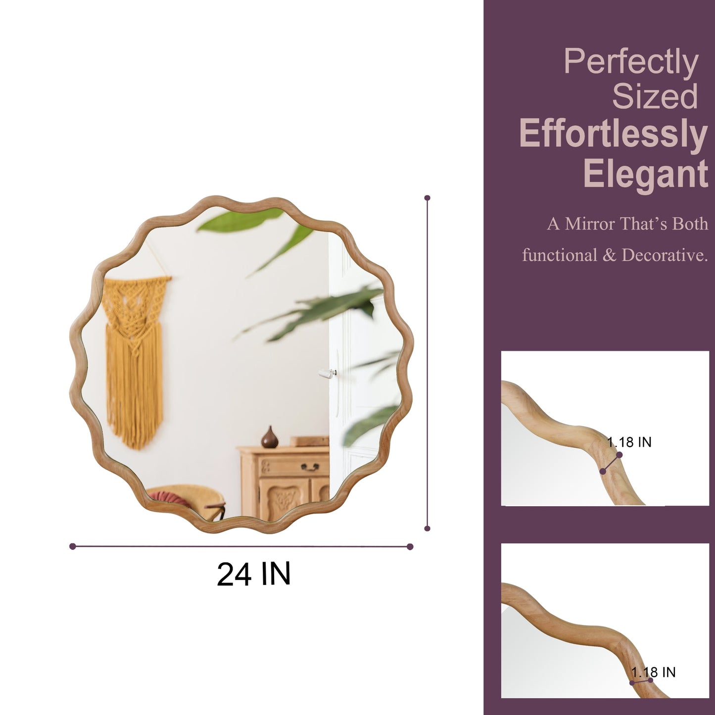 VanityFus 24-in W 24-in H Wavy Round Natural Wood Framed Beveled Bathroom Vanity Mirror Wall Mirror