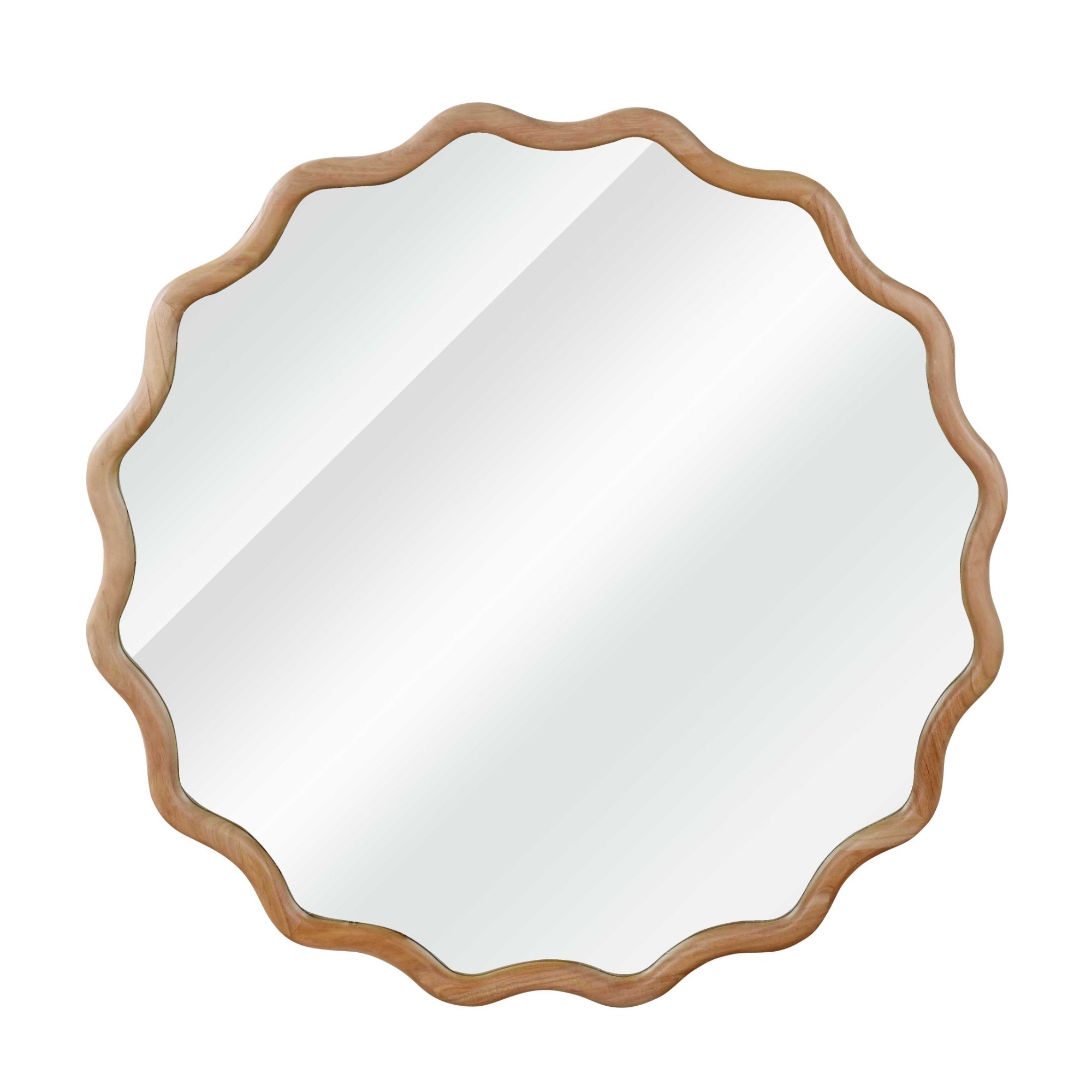 VanityFus 24-in W 24-in H Wavy Round Natural Wood Framed Beveled Bathroom Vanity Mirror Wall Mirror