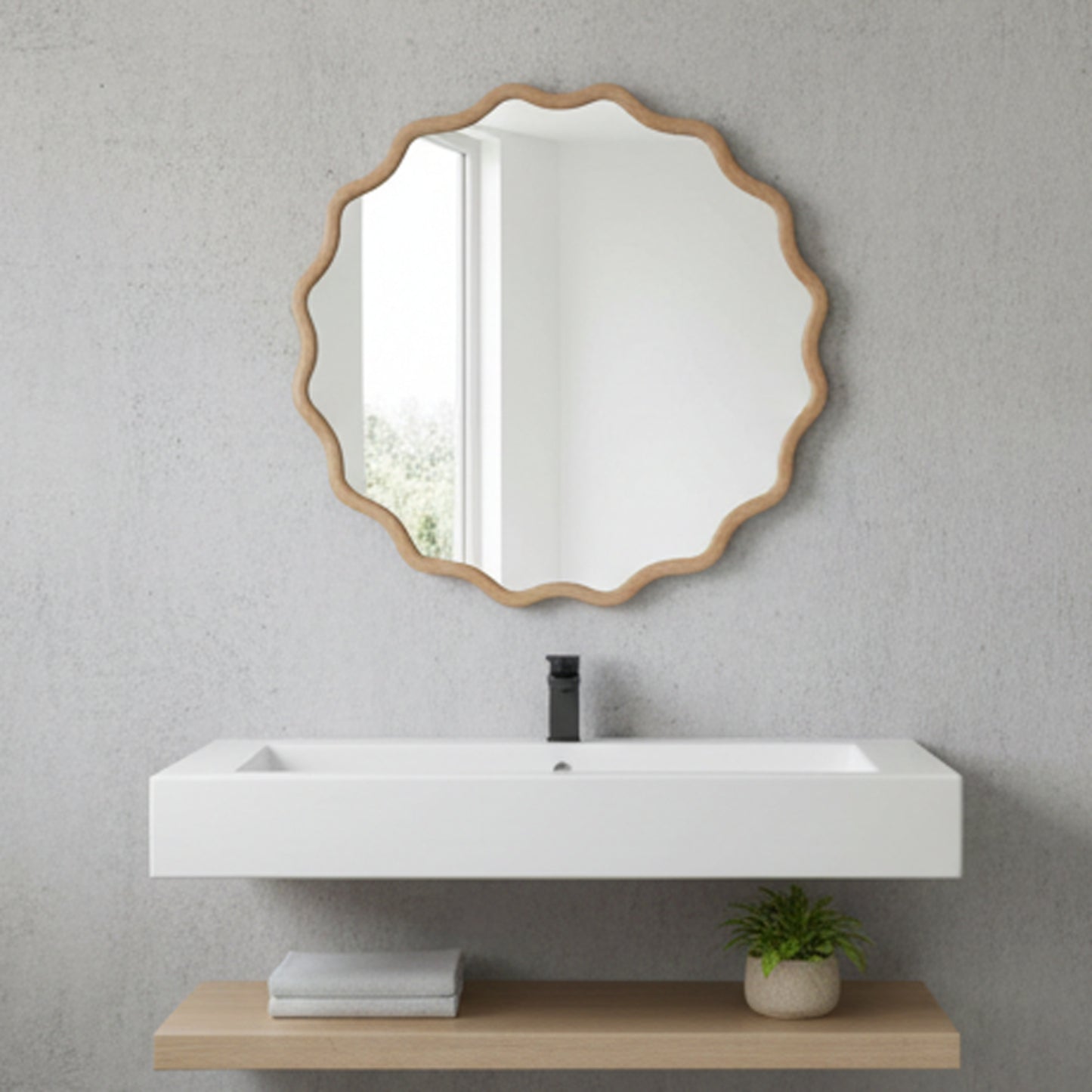 VanityFus 24-in W 24-in H Wavy Round Natural Wood Framed Beveled Bathroom Vanity Mirror Wall Mirror