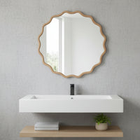 VanityFus 24-in W 24-in H Wavy Round Natural Wood Framed Beveled Bathroom Vanity Mirror Wall Mirror