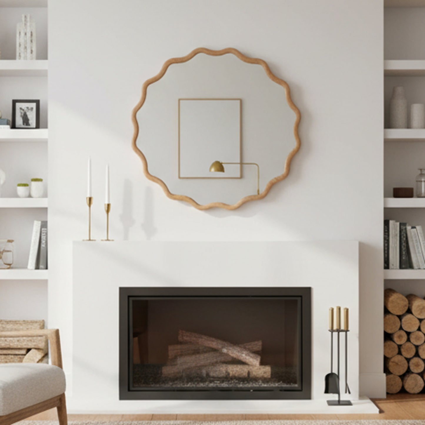 VanityFus 24-in W 24-in H Wavy Round Natural Wood Framed Beveled Bathroom Vanity Mirror Wall Mirror