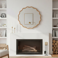 VanityFus 24-in W 24-in H Wavy Round Natural Wood Framed Beveled Bathroom Vanity Mirror Wall Mirror