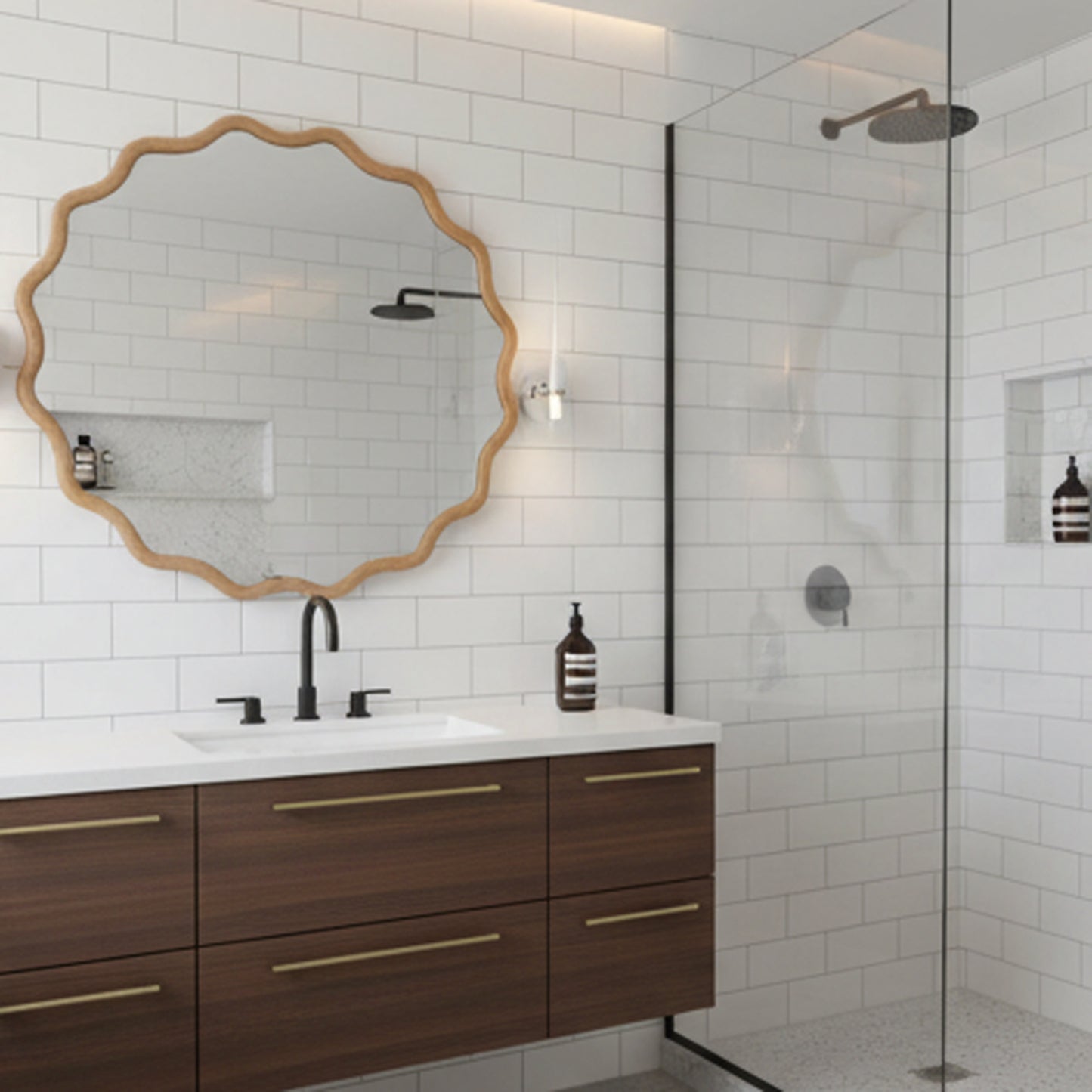 VanityFus 24-in W 24-in H Wavy Round Natural Wood Framed Beveled Bathroom Vanity Mirror Wall Mirror
