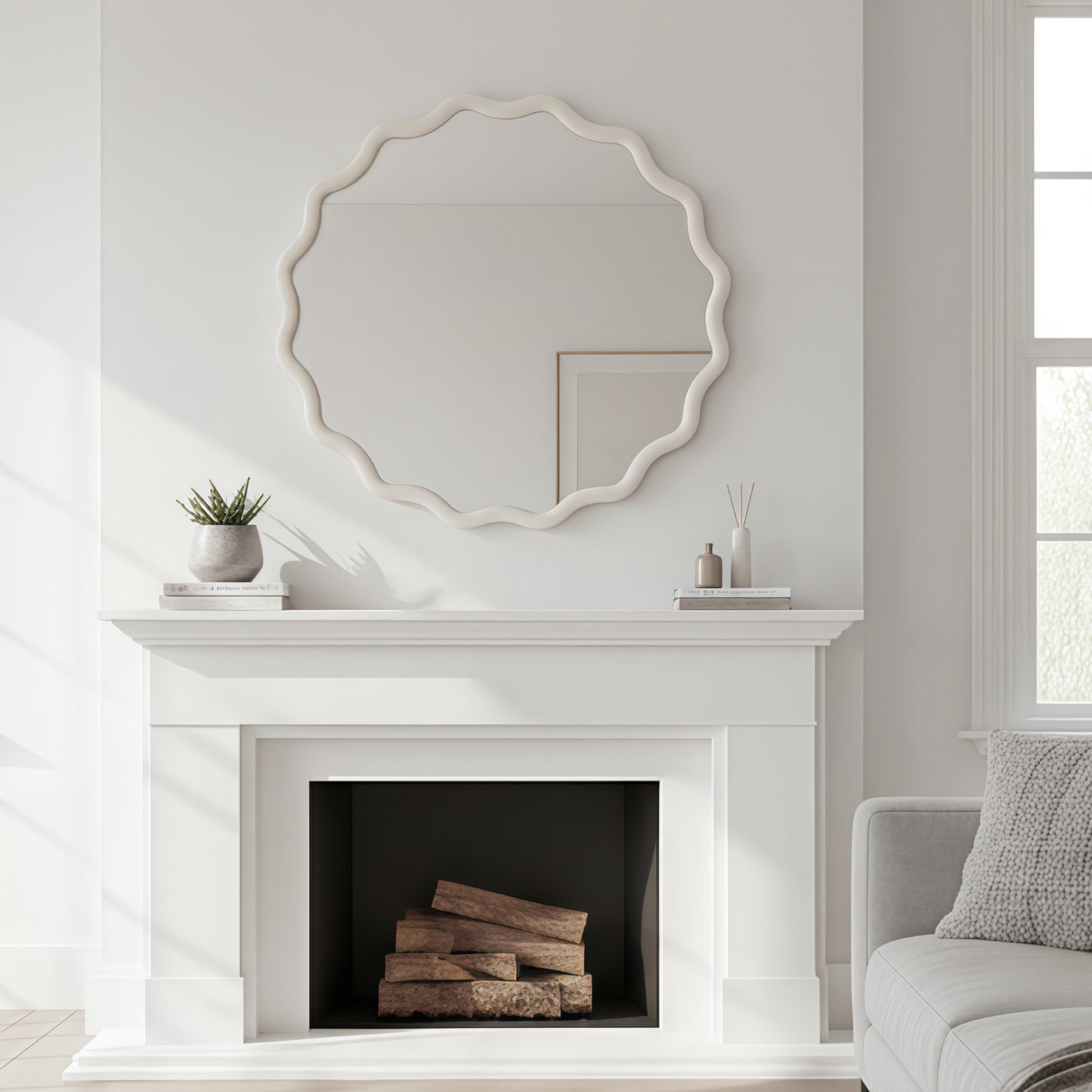 VanityFus 24-in W 24-in H Wavy Round White Framed Beveled Bathroom Vanity Mirror Wall Mirror