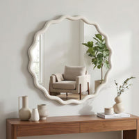VanityFus 24-in W 24-in H Wavy Round White Framed Beveled Bathroom Vanity Mirror Wall Mirror