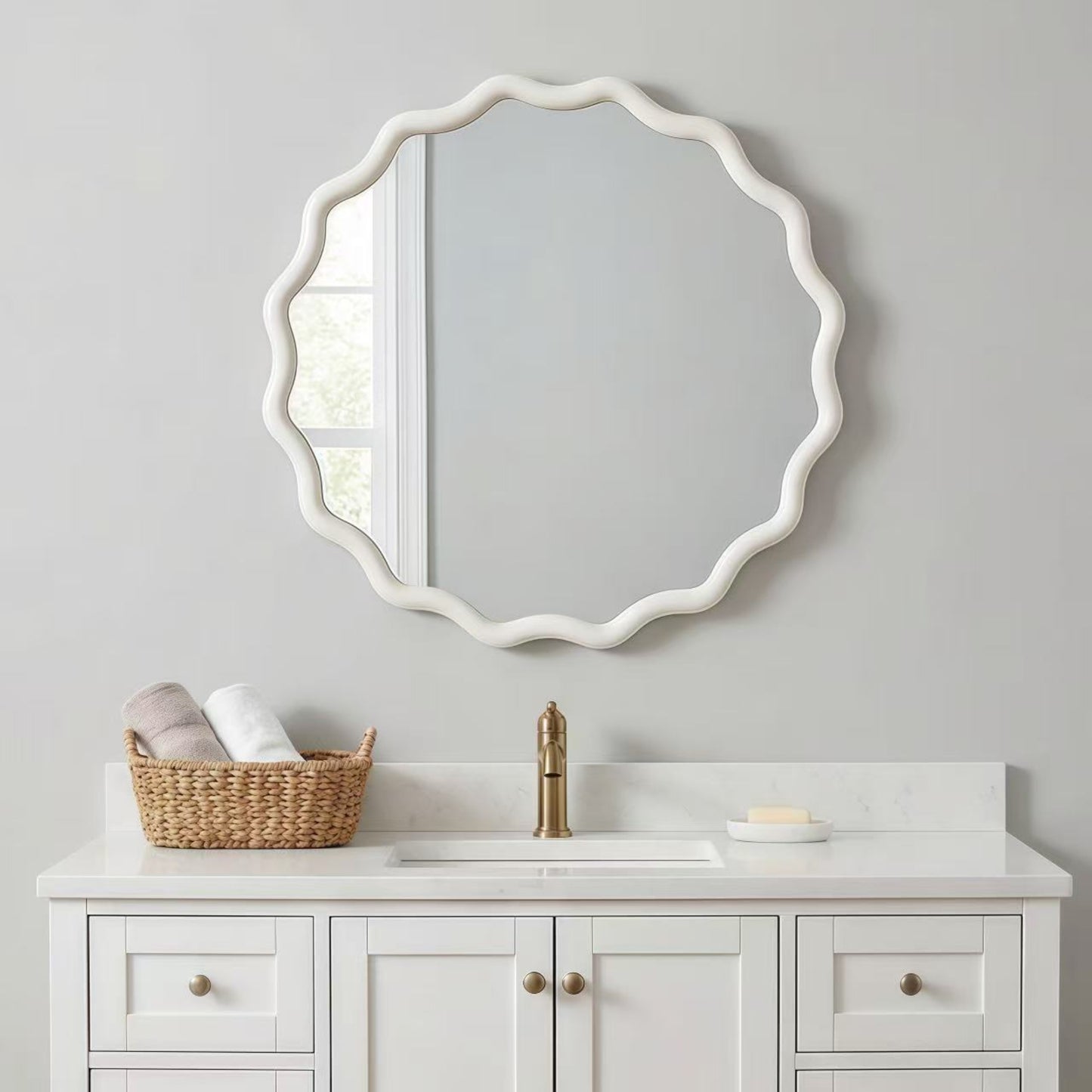 VanityFus 24-in W 24-in H Wavy Round White Framed Beveled Bathroom Vanity Mirror Wall Mirror