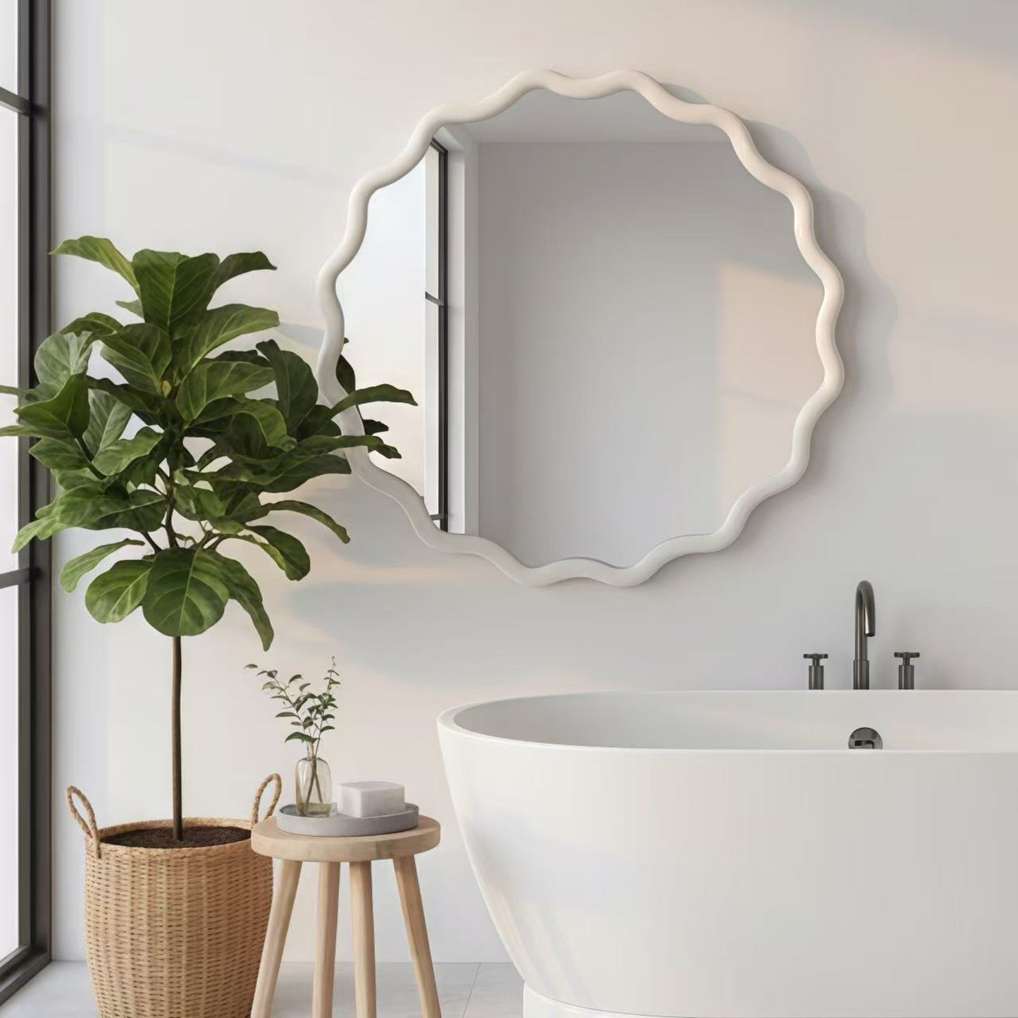 VanityFus 24-in W 24-in H Wavy Round White Framed Beveled Bathroom Vanity Mirror Wall Mirror