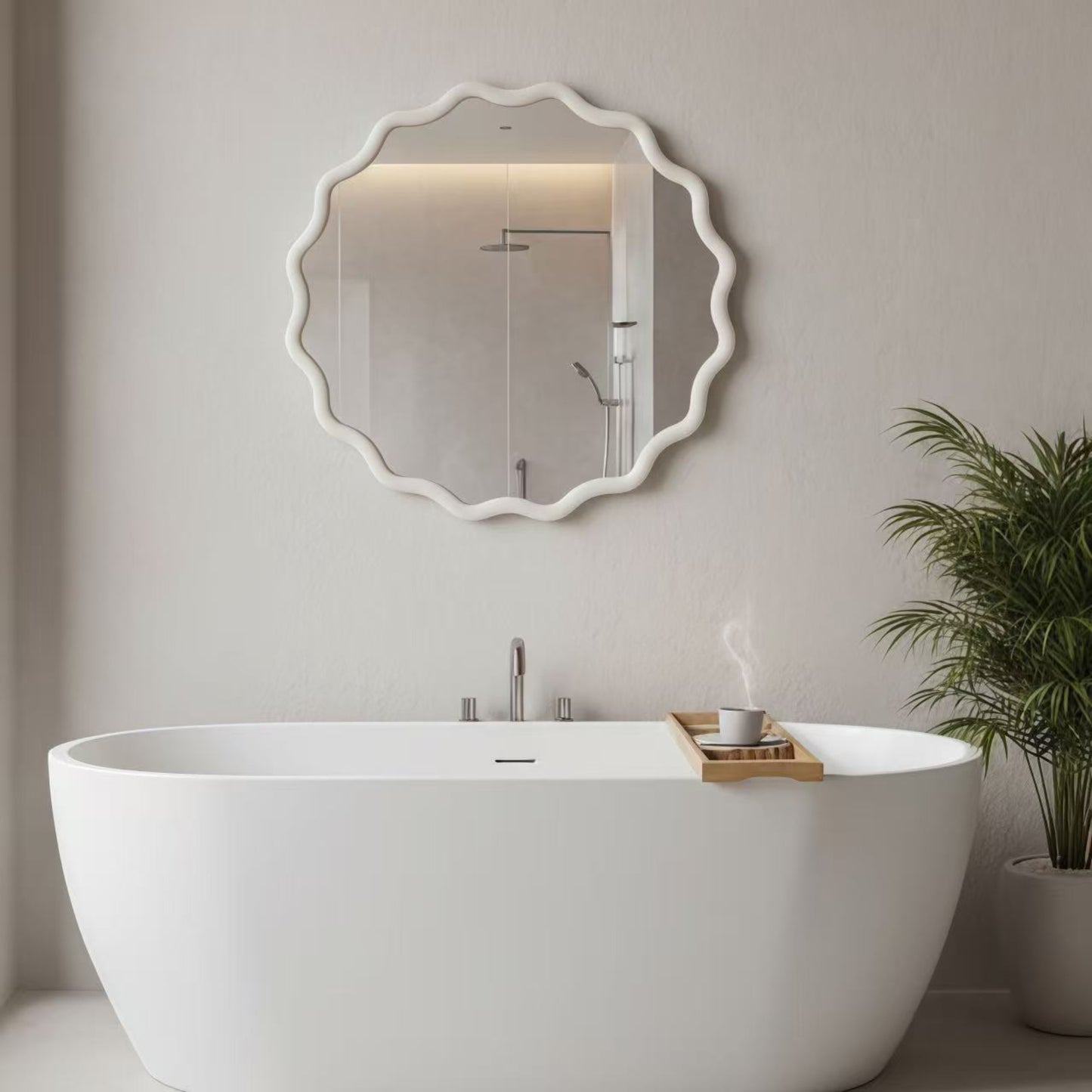 VanityFus 24-in W 24-in H Wavy Round White Framed Beveled Bathroom Vanity Mirror Wall Mirror