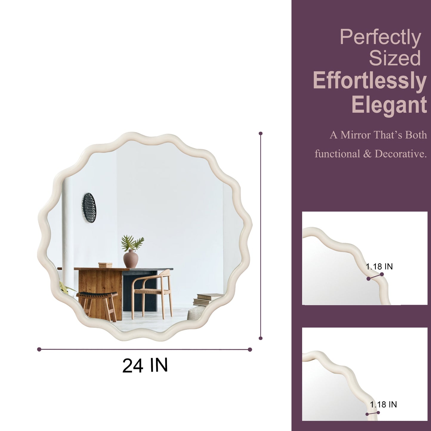 VanityFus 24-in W 24-in H Wavy Round White Framed Beveled Bathroom Vanity Mirror Wall Mirror
