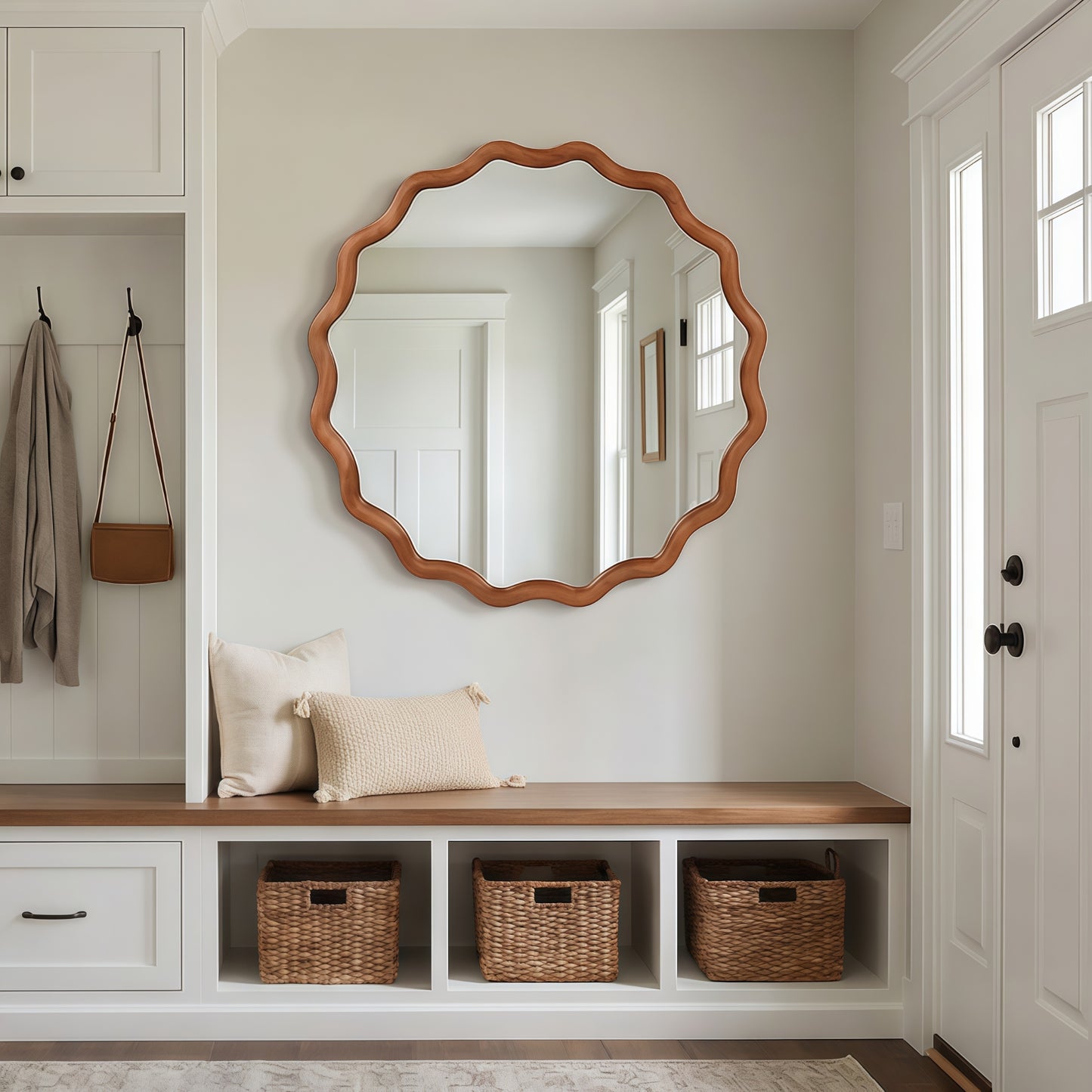 VanityFus 24-in W 24-in H Wavy Round Yellowish-Brown Framed Beveled Bathroom Vanity Mirror Wall Mirror