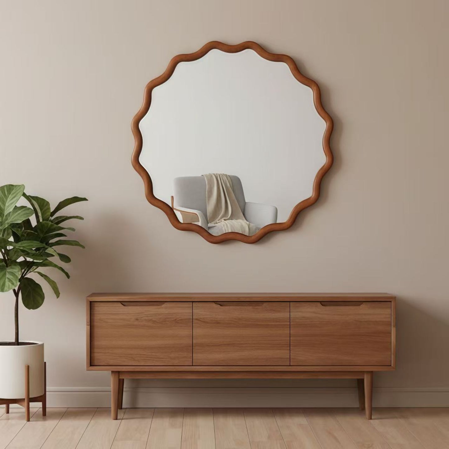 VanityFus 24-in W 24-in H Wavy Round Yellowish-Brown Framed Beveled Bathroom Vanity Mirror Wall Mirror
