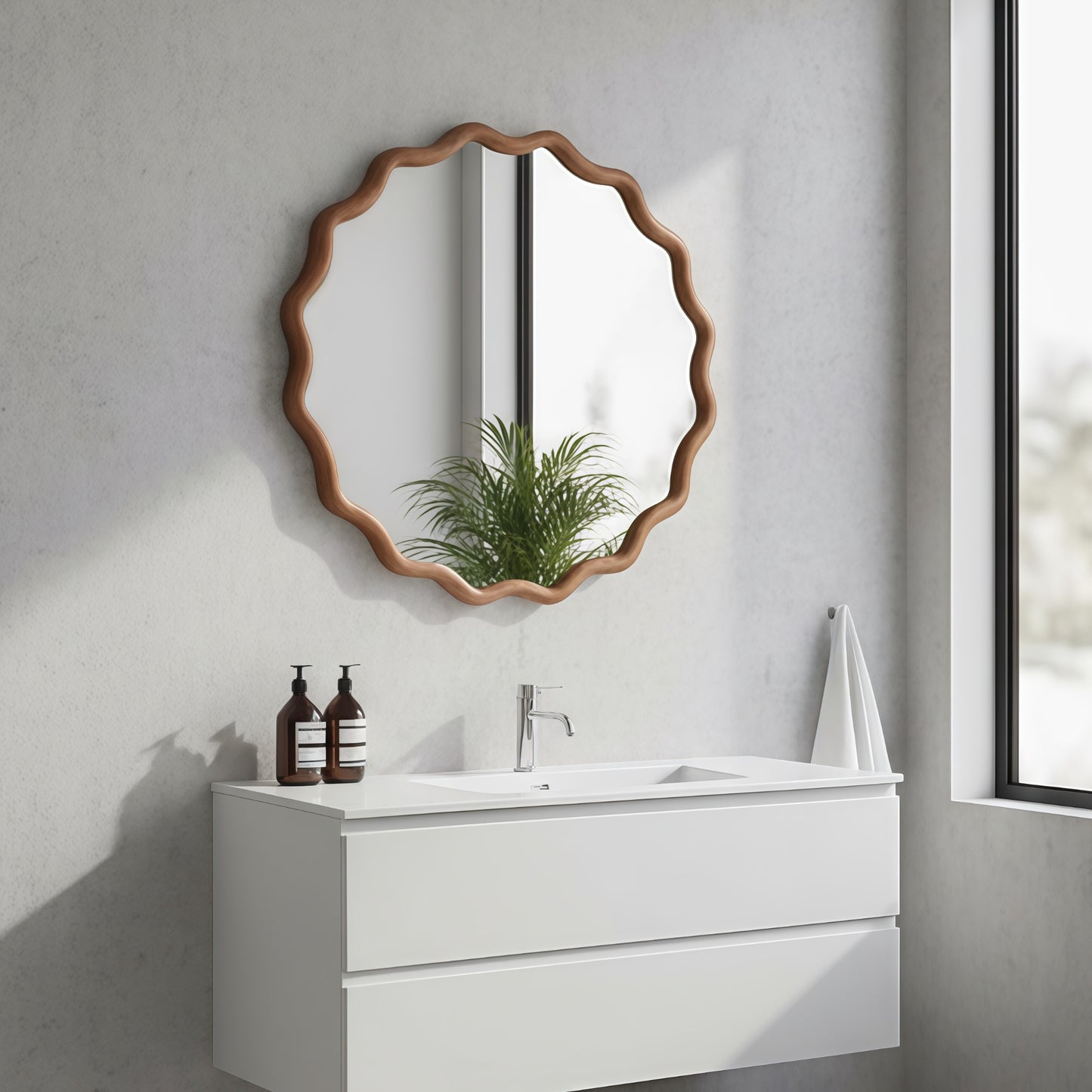 VanityFus 24-in W 24-in H Wavy Round Yellowish-Brown Framed Beveled Bathroom Vanity Mirror Wall Mirror