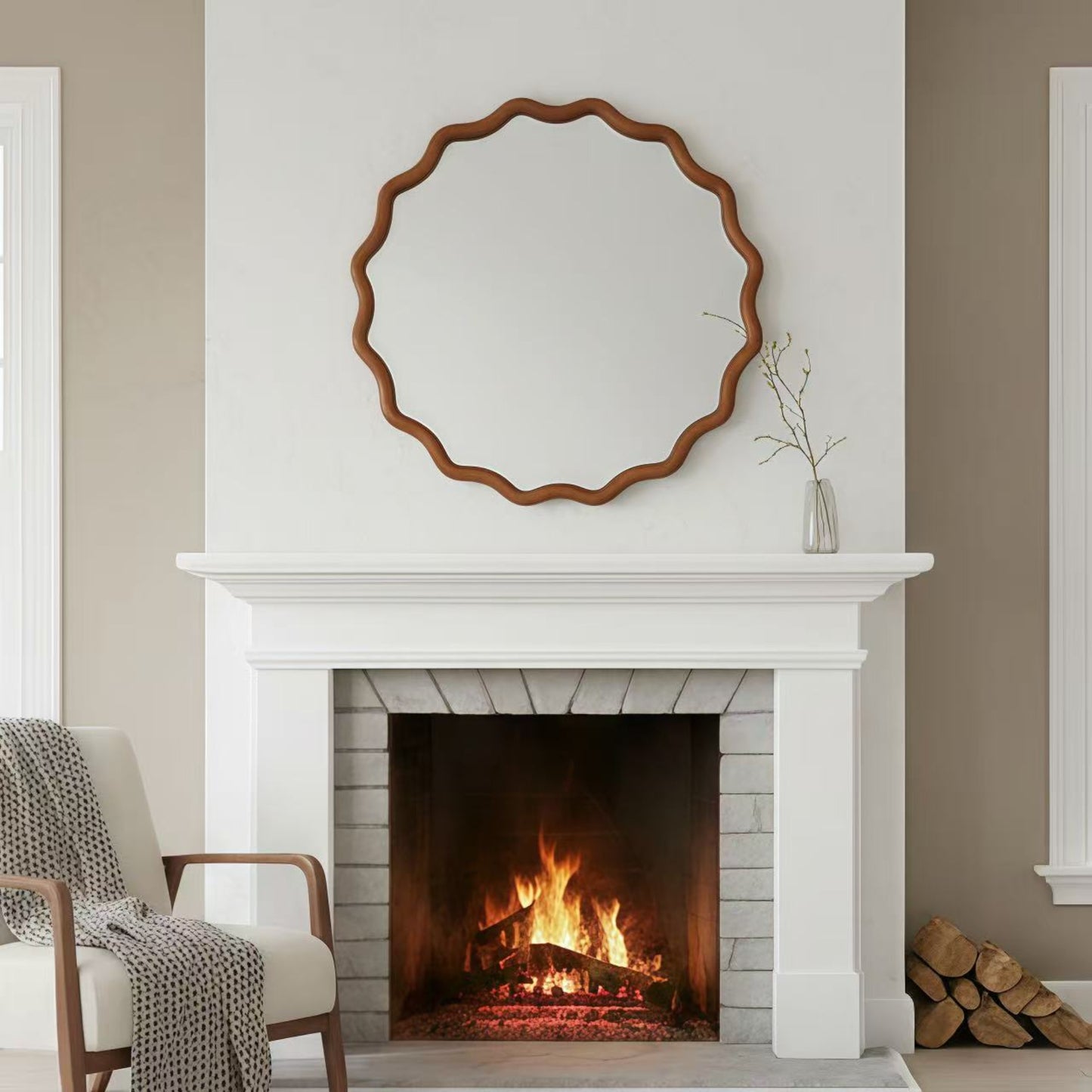VanityFus 24-in W 24-in H Wavy Round Yellowish-Brown Framed Beveled Bathroom Vanity Mirror Wall Mirror
