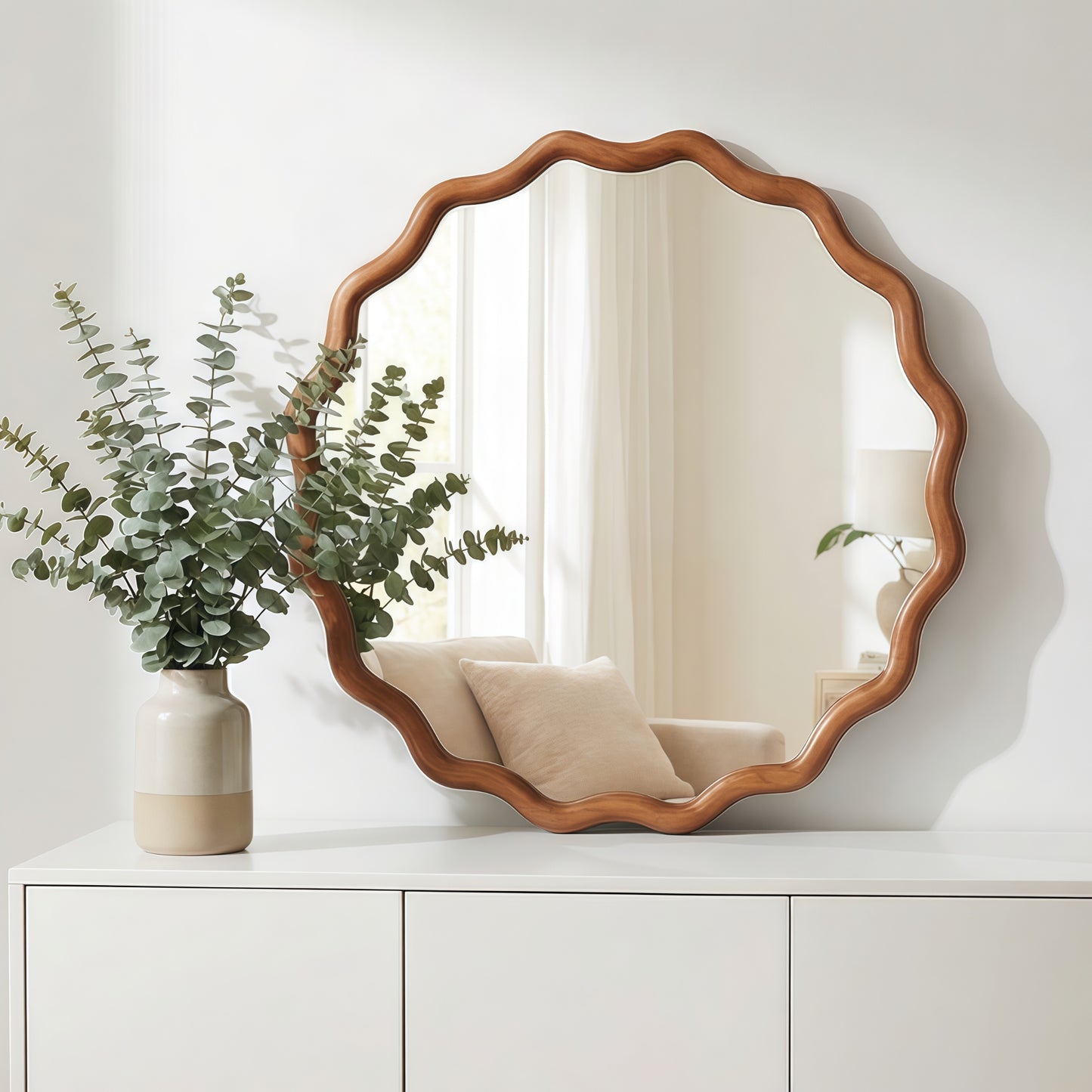VanityFus 24-in W 24-in H Wavy Round Yellowish-Brown Framed Beveled Bathroom Vanity Mirror Wall Mirror