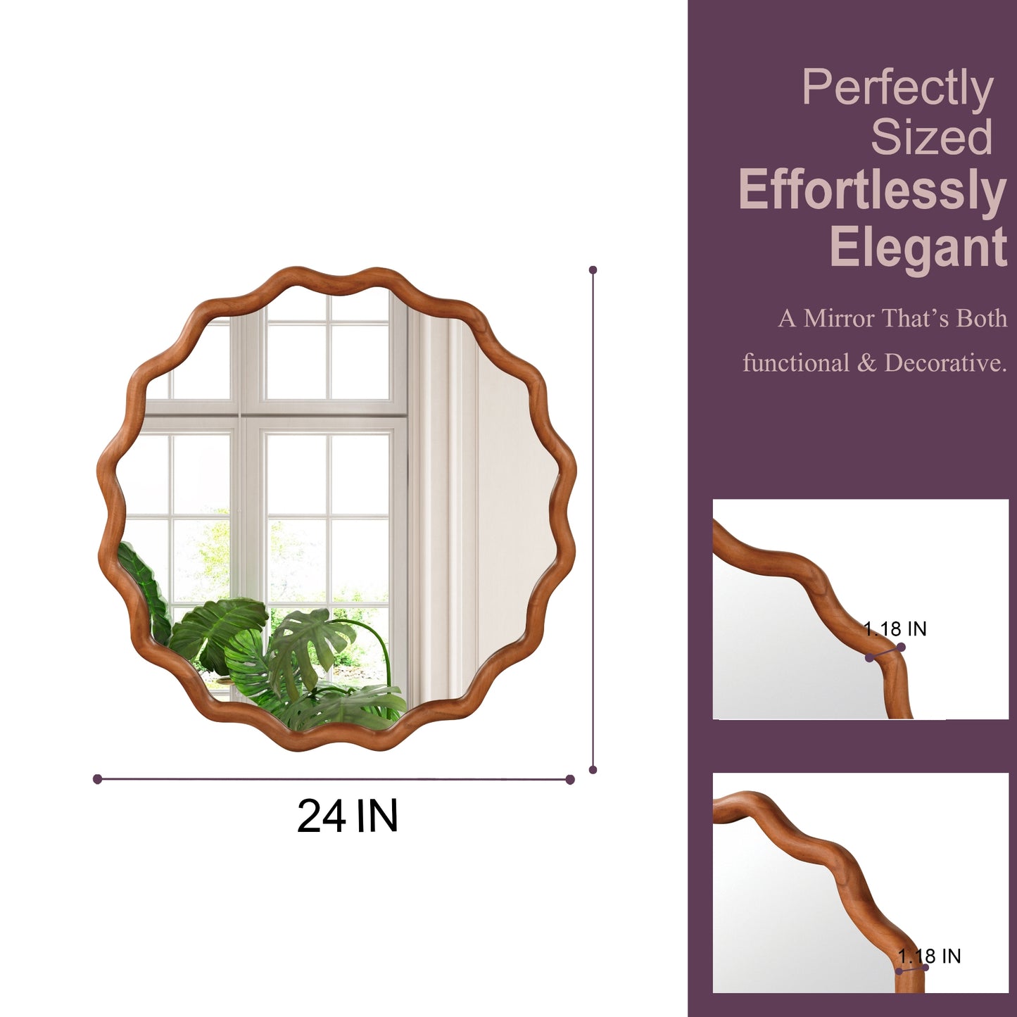 VanityFus 24-in W 24-in H Wavy Round Yellowish-Brown Framed Beveled Bathroom Vanity Mirror Wall Mirror