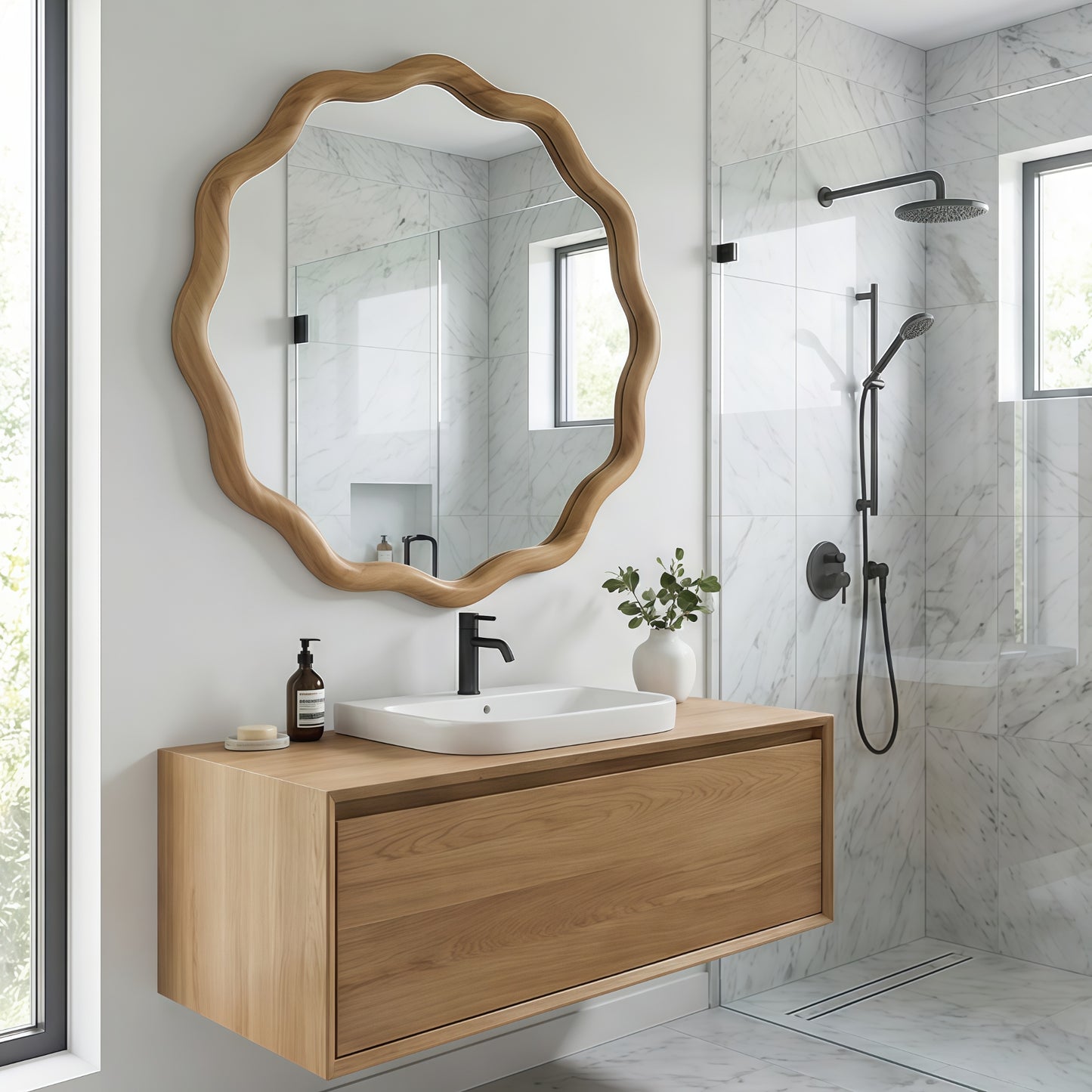 VanityFus 24-in W 24-in H Wavy Round Oak Framed Beveled Bathroom Vanity Mirror Wall Mirror