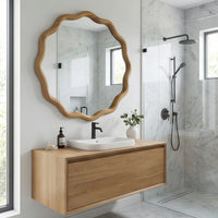 VanityFus 24-in W 24-in H Wavy Round Oak Framed Beveled Bathroom Vanity Mirror Wall Mirror