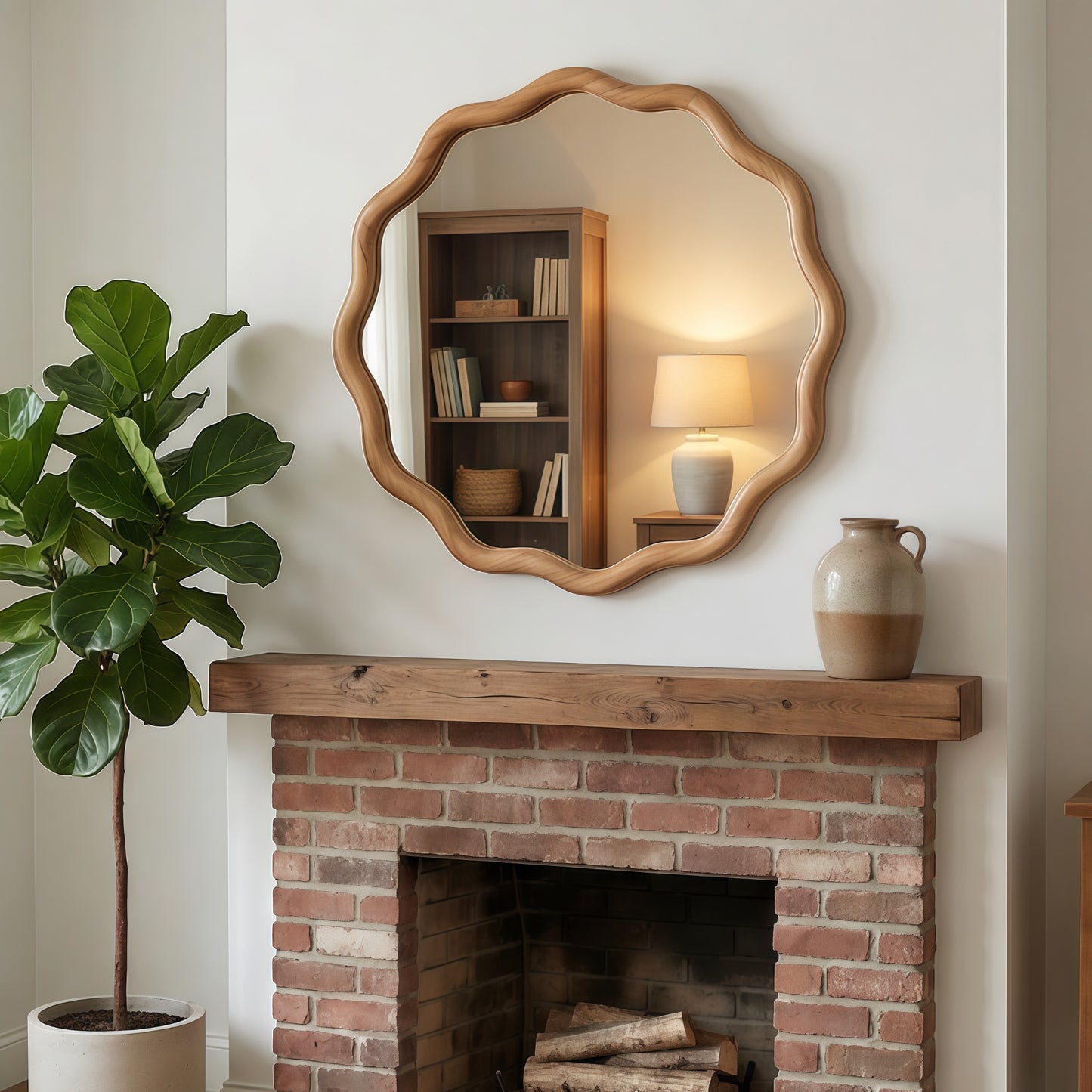 VanityFus 24-in W 24-in H Wavy Round Oak Framed Beveled Bathroom Vanity Mirror Wall Mirror