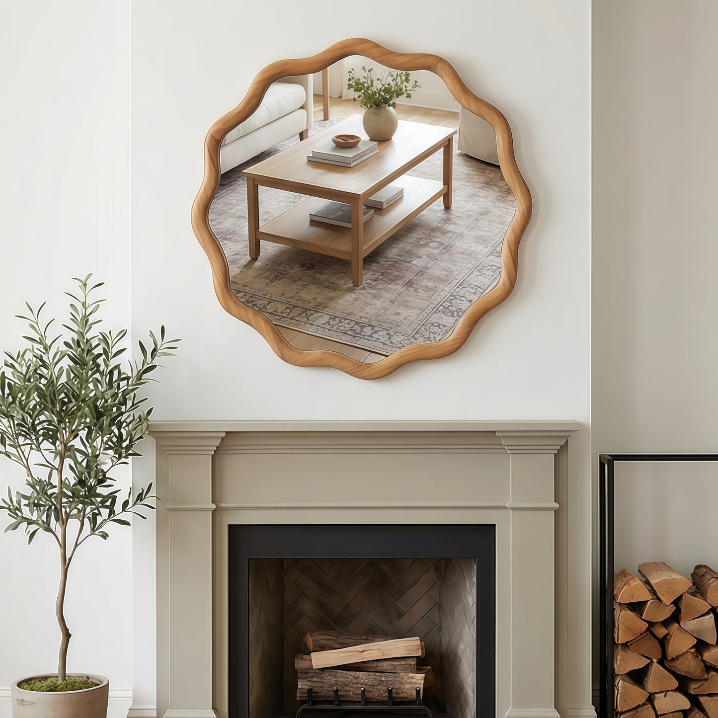 VanityFus 24-in W 24-in H Wavy Round Oak Framed Beveled Bathroom Vanity Mirror Wall Mirror