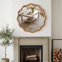 VanityFus 24-in W 24-in H Wavy Round Oak Framed Beveled Bathroom Vanity Mirror Wall Mirror