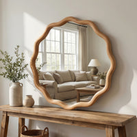 VanityFus 24-in W 24-in H Wavy Round Oak Framed Beveled Bathroom Vanity Mirror Wall Mirror