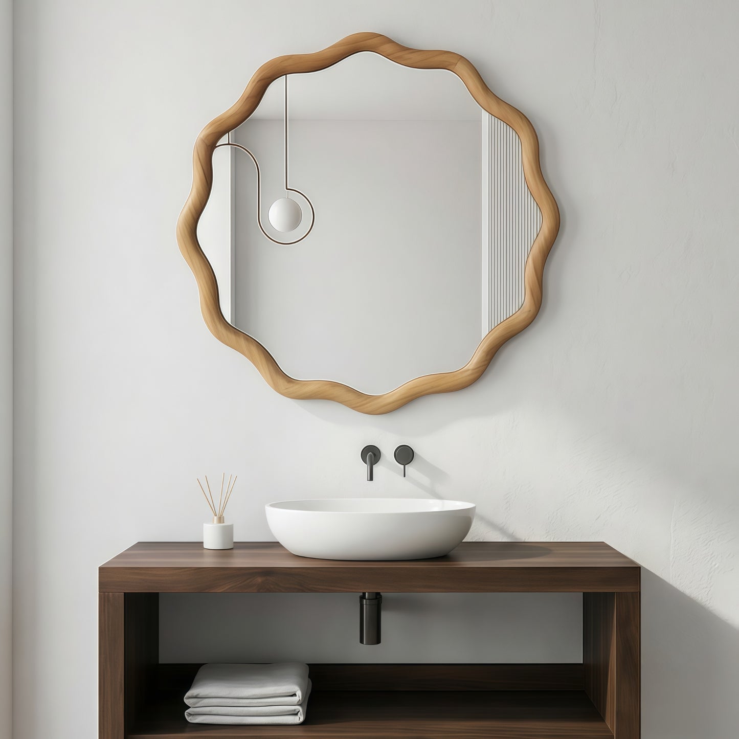 VanityFus 24-in W 24-in H Wavy Round Oak Framed Beveled Bathroom Vanity Mirror Wall Mirror