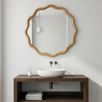 VanityFus 24-in W 24-in H Wavy Round Oak Framed Beveled Bathroom Vanity Mirror Wall Mirror