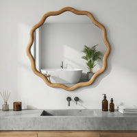 VanityFus 24-in W 24-in H Wavy Round Oak Framed Beveled Bathroom Vanity Mirror Wall Mirror