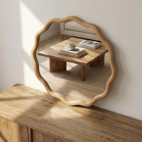 VanityFus 24-in W 24-in H Wavy Round Oak Framed Beveled Bathroom Vanity Mirror Wall Mirror