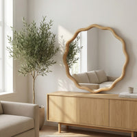 VanityFus 24-in W 24-in H Wavy Round Oak Framed Beveled Bathroom Vanity Mirror Wall Mirror