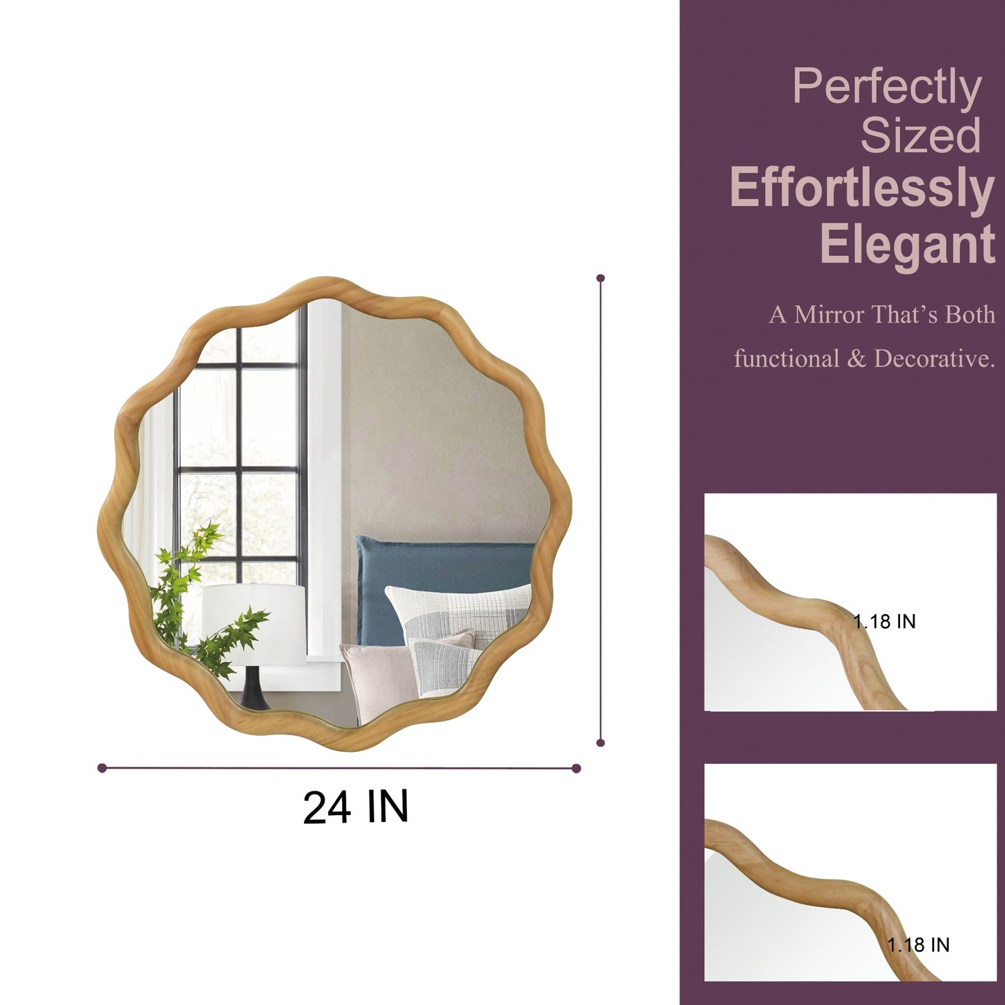 VanityFus 24-in W 24-in H Wavy Round Oak Framed Beveled Bathroom Vanity Mirror Wall Mirror