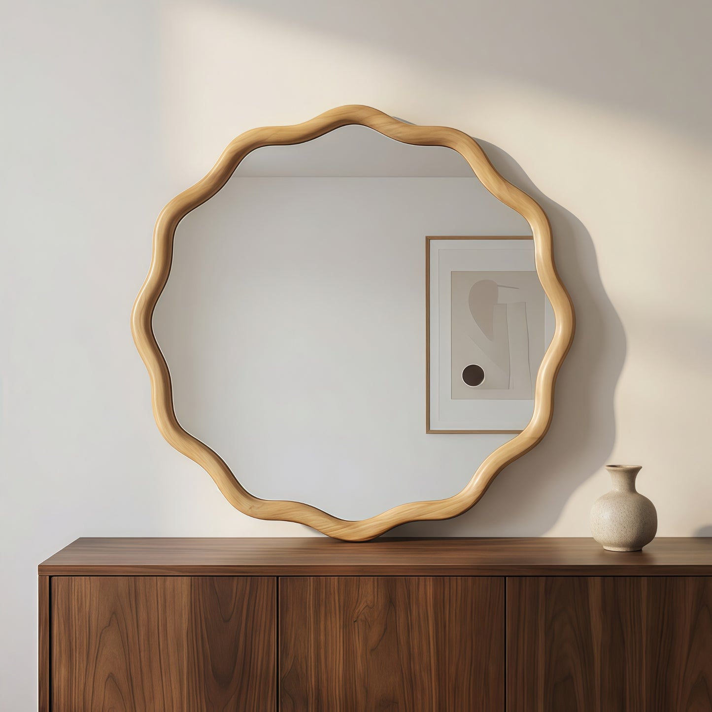 VanityFus 24-in W 24-in H Wavy Round Oak Framed Beveled Bathroom Vanity Mirror Wall Mirror
