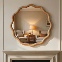VanityFus 24-in W 24-in H Wavy Round Oak Framed Beveled Bathroom Vanity Mirror Wall Mirror