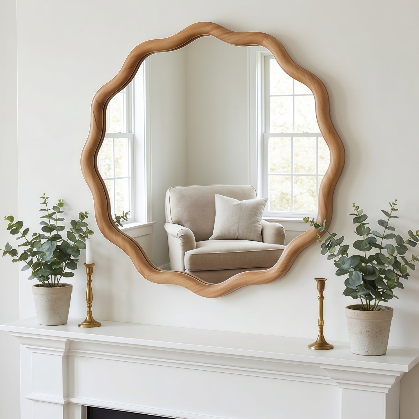 VanityFus 24-in W 24-in H Wavy Round Oak Framed Beveled Bathroom Vanity Mirror Wall Mirror