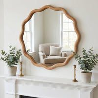 VanityFus 24-in W 24-in H Wavy Round Oak Framed Beveled Bathroom Vanity Mirror Wall Mirror