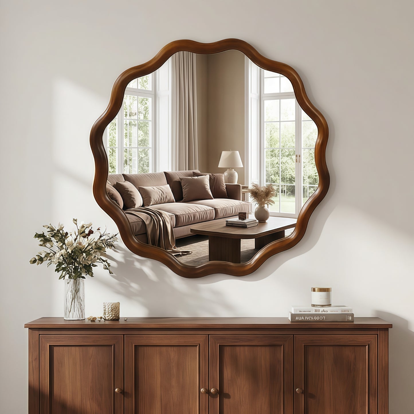 VanityFus 24-in W 24-in H Wavy Round Dark Walnut Framed Beveled Bathroom Vanity Mirror Wall Mirror