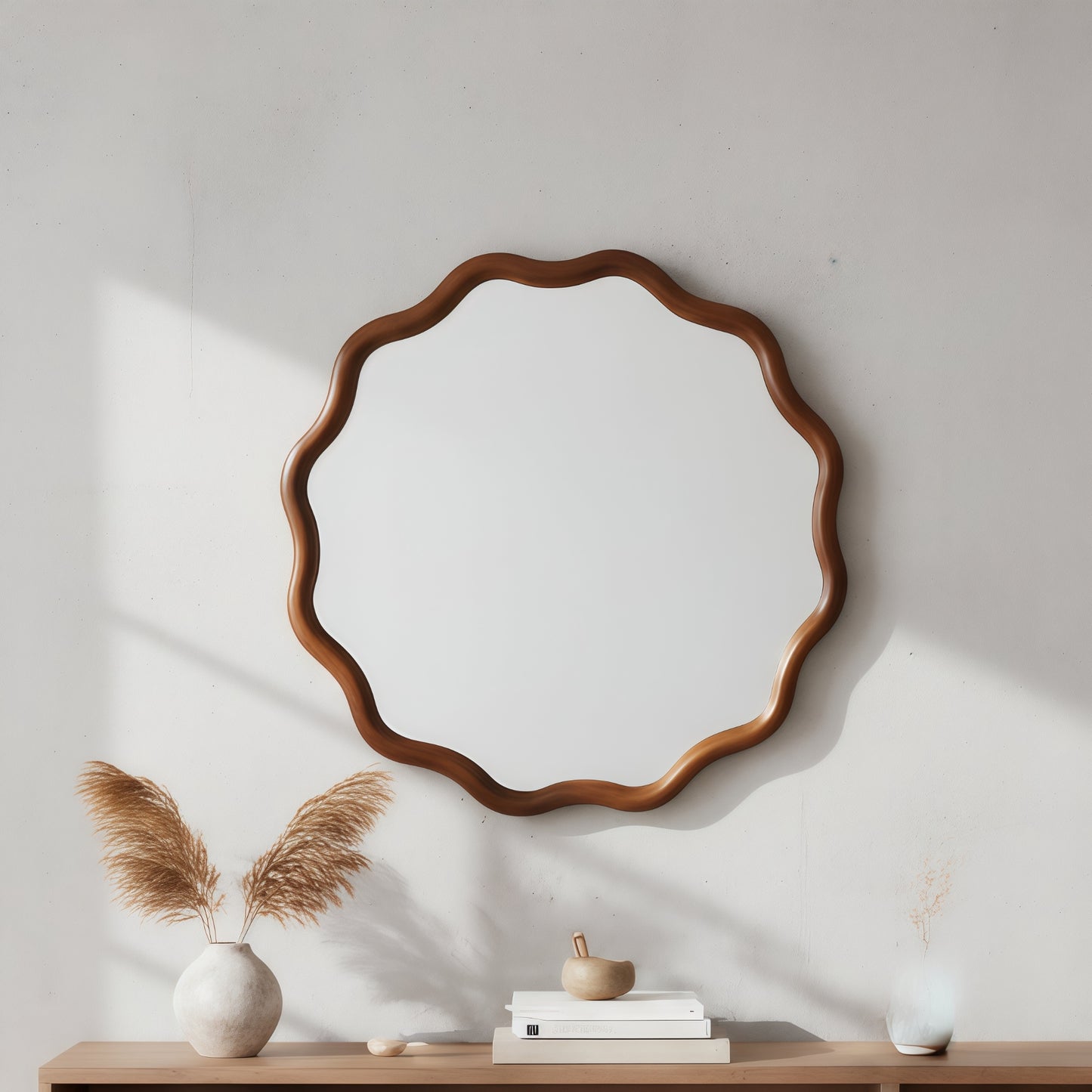 VanityFus 24-in W 24-in H Wavy Round Dark Walnut Framed Beveled Bathroom Vanity Mirror Wall Mirror