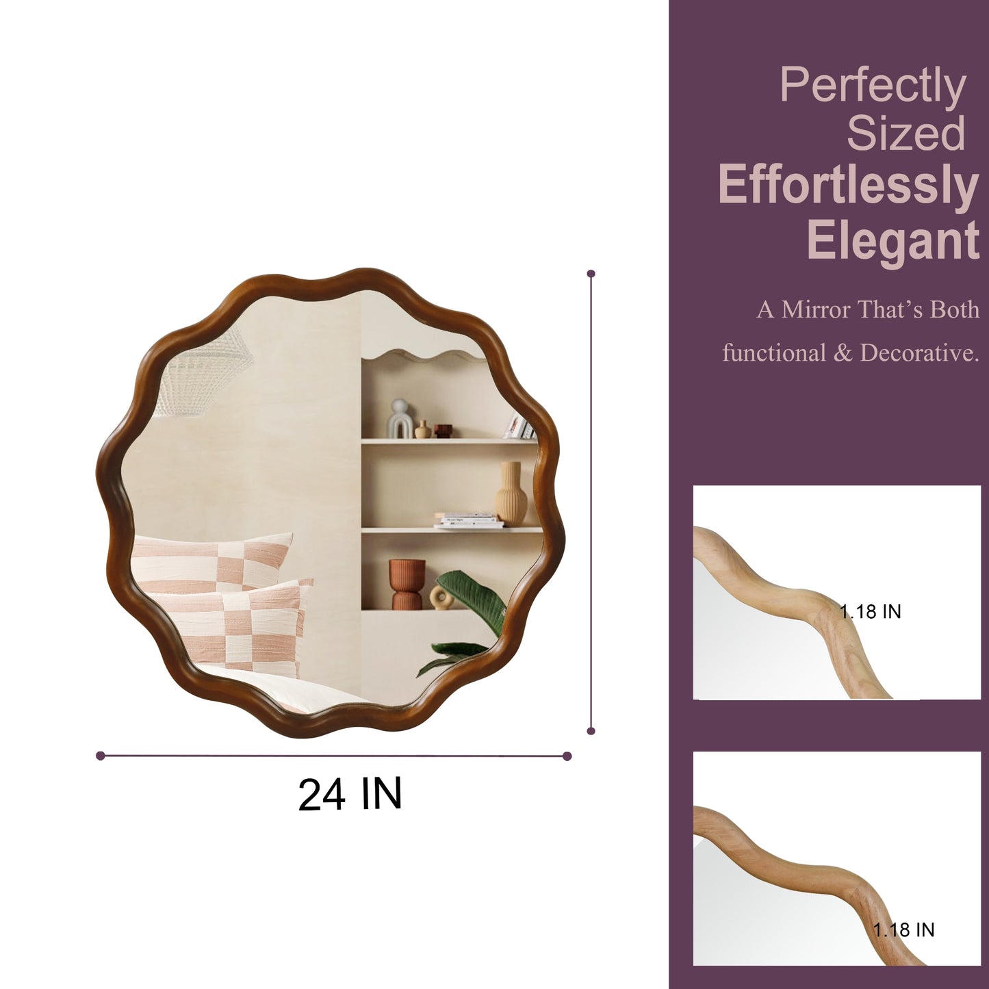 VanityFus 24-in W 24-in H Wavy Round Dark Walnut Framed Beveled Bathroom Vanity Mirror Wall Mirror