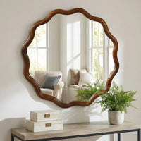 VanityFus 24-in W 24-in H Wavy Round Dark Walnut Framed Beveled Bathroom Vanity Mirror Wall Mirror