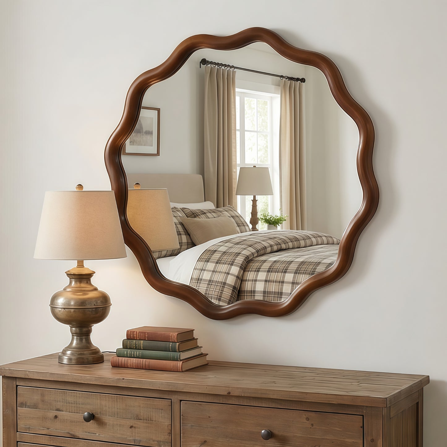 VanityFus 24-in W 24-in H Wavy Round Dark Walnut Framed Beveled Bathroom Vanity Mirror Wall Mirror