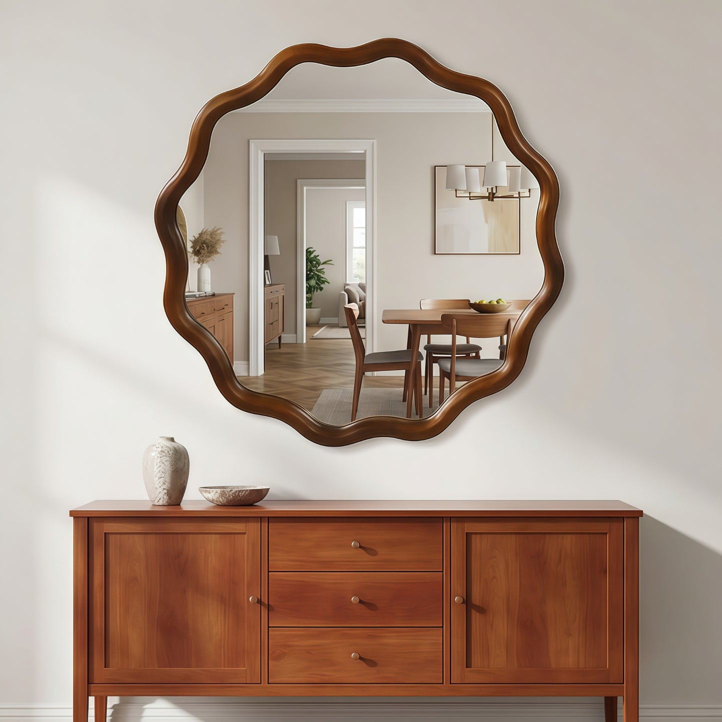 VanityFus 24-in W 24-in H Wavy Round Dark Walnut Framed Beveled Bathroom Vanity Mirror Wall Mirror