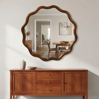 VanityFus 24-in W 24-in H Wavy Round Dark Walnut Framed Beveled Bathroom Vanity Mirror Wall Mirror