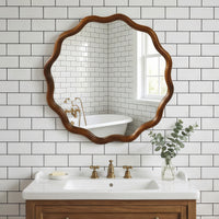 VanityFus 24-in W 24-in H Wavy Round Dark Walnut Framed Beveled Bathroom Vanity Mirror Wall Mirror