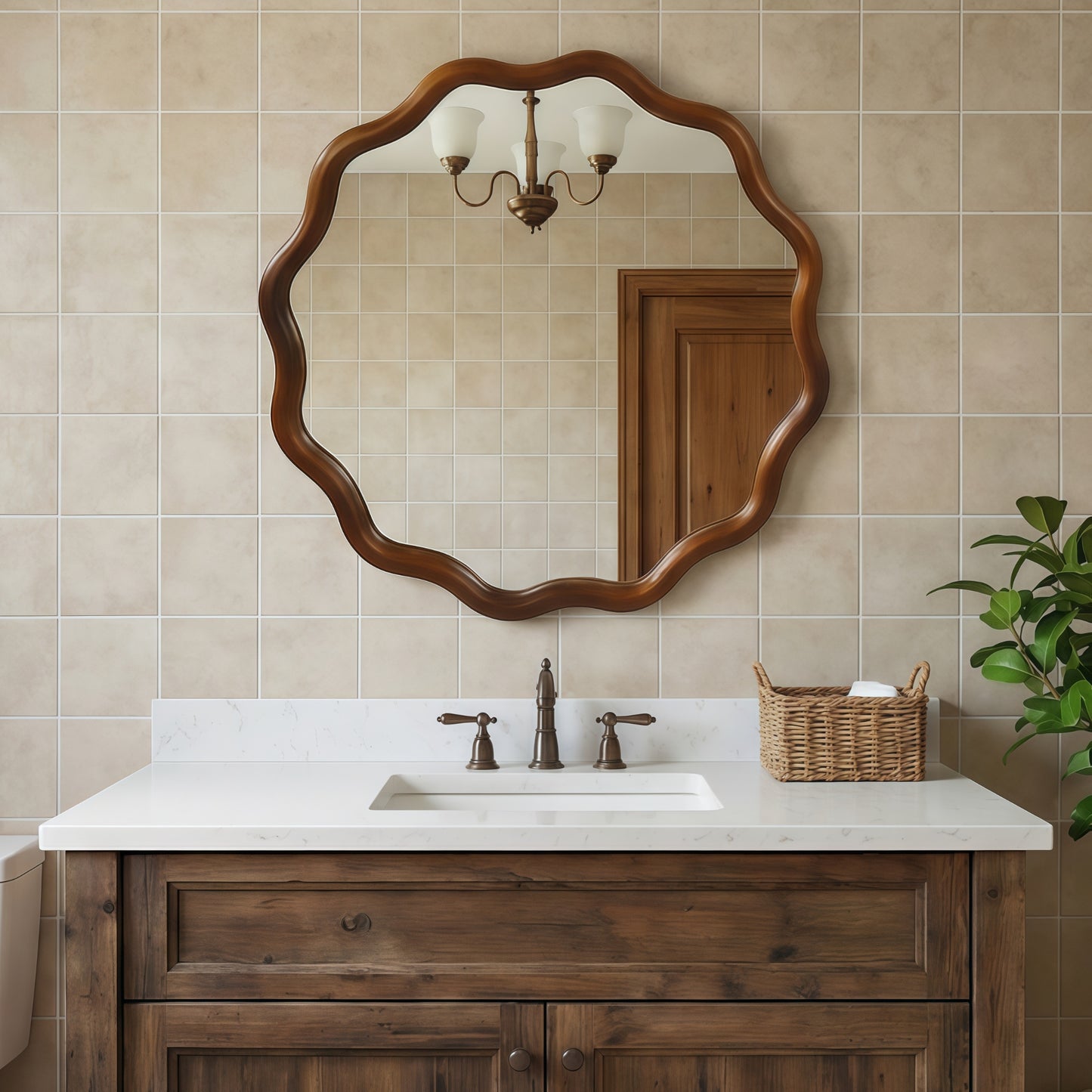 VanityFus 24-in W 24-in H Wavy Round Dark Walnut Framed Beveled Bathroom Vanity Mirror Wall Mirror