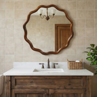 VanityFus 24-in W 24-in H Wavy Round Dark Walnut Framed Beveled Bathroom Vanity Mirror Wall Mirror
