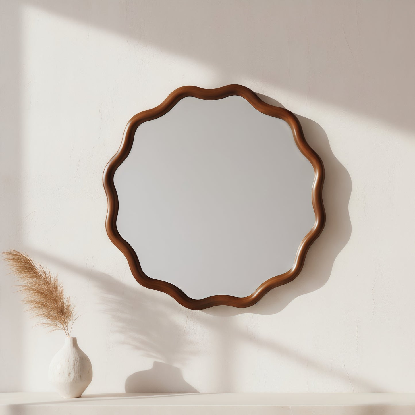 VanityFus 24-in W 24-in H Wavy Round Dark Walnut Framed Beveled Bathroom Vanity Mirror Wall Mirror