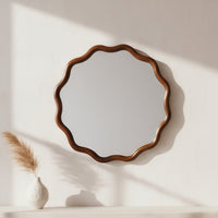 VanityFus 24-in W 24-in H Wavy Round Dark Walnut Framed Beveled Bathroom Vanity Mirror Wall Mirror
