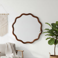 VanityFus 24-in W 24-in H Wavy Round Dark Walnut Framed Beveled Bathroom Vanity Mirror Wall Mirror
