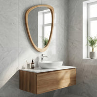 VanityFus 30-in W 20-in H Irregular Oak Framed Beveled Bathroom Vanity Mirror Wall Mirror