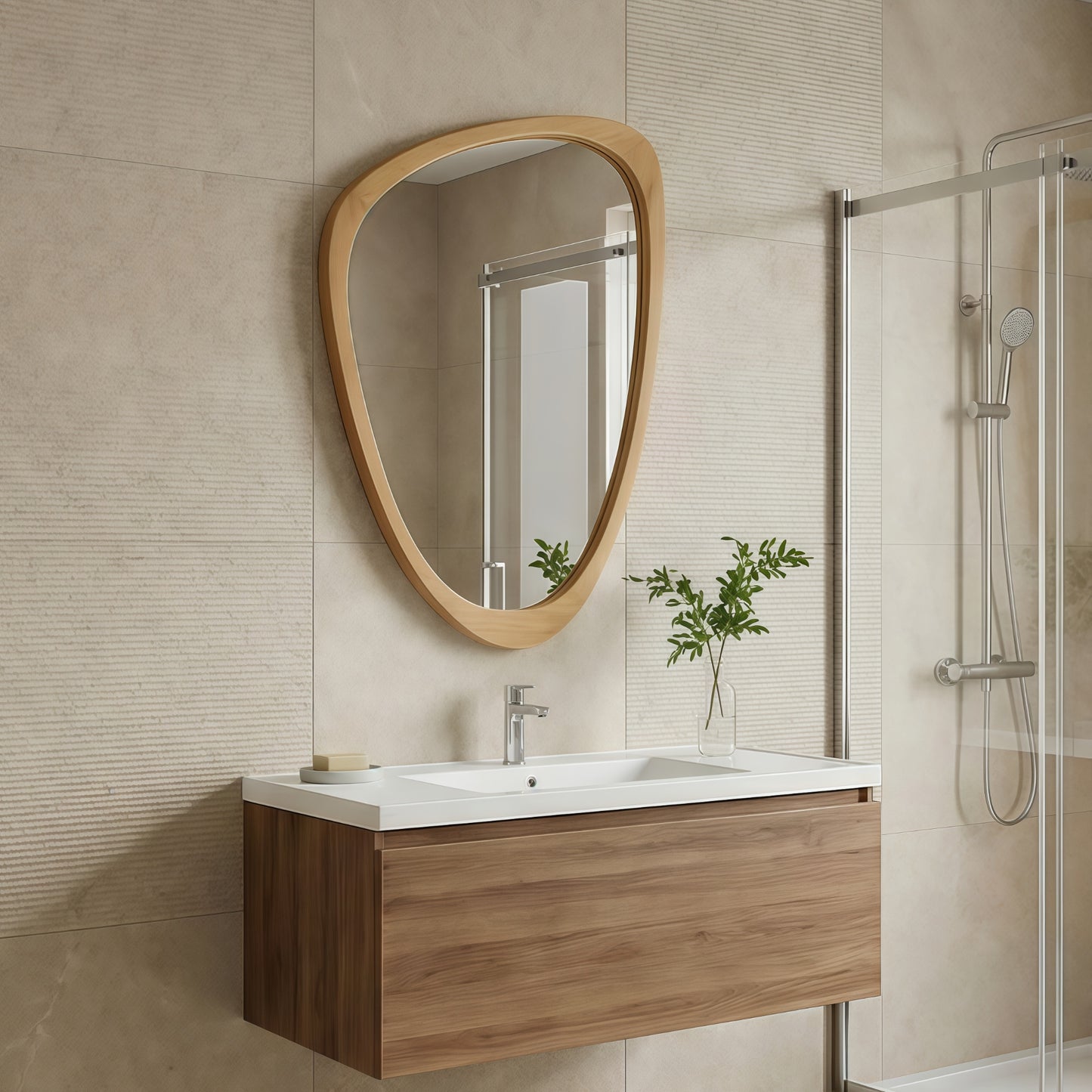VanityFus 30-in W 20-in H Irregular Oak Framed Beveled Bathroom Vanity Mirror Wall Mirror